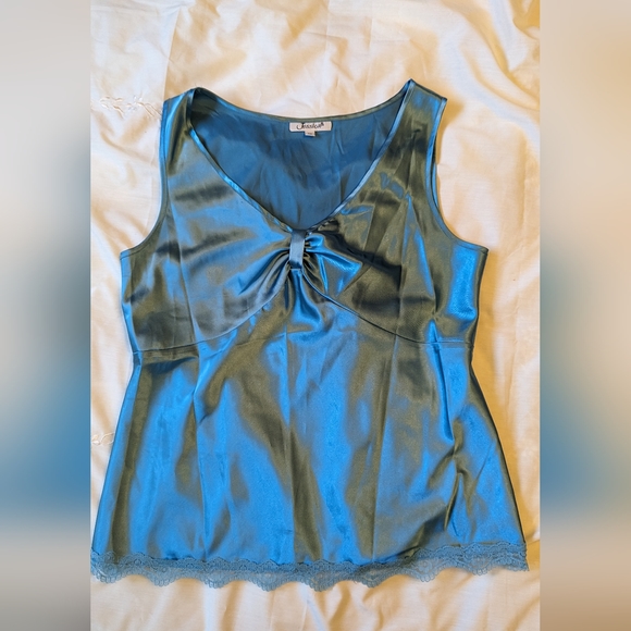 🔖 4 for $20 Jessica szM sleeveless turquoise blouse with ruche & lace EUC - Picture 2 of 5